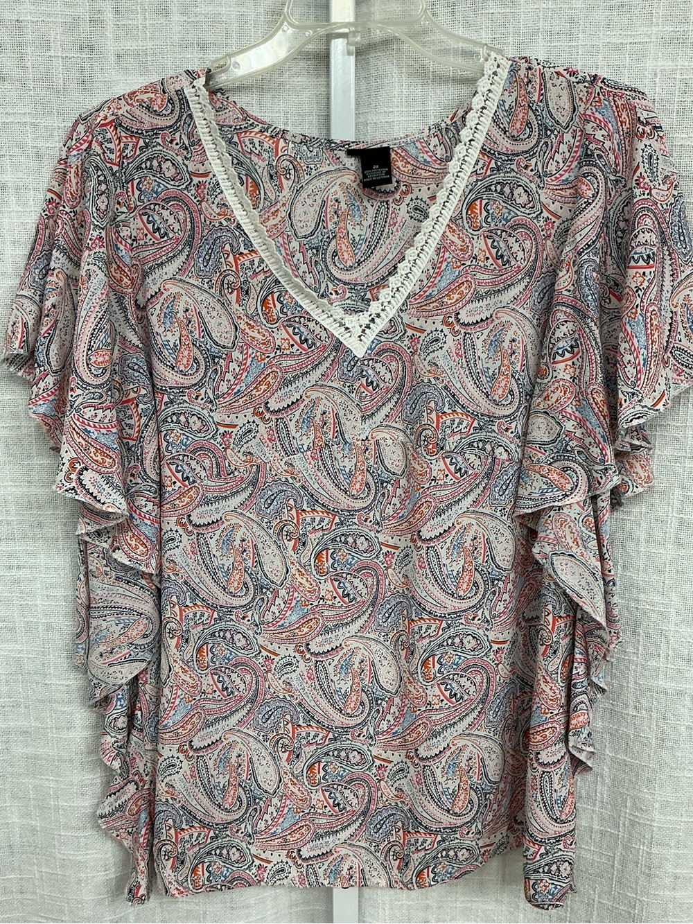 Paisley V-Neck Ruffled Sleeve Top - Pink/Blue